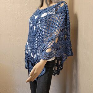 Handmade Lacy Poncho, Summer Wrap, Crochet Poncho, Summer Coverup Denim Blue